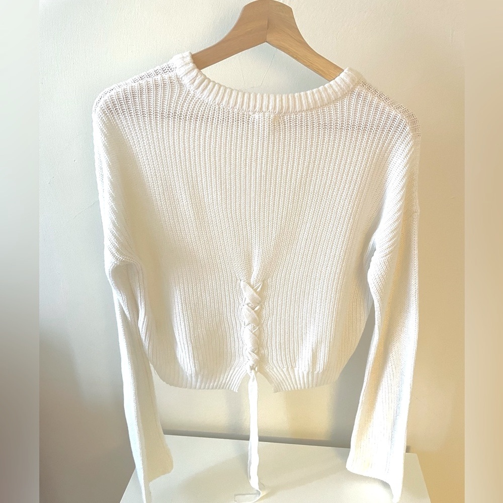 Garage White Lace-Up Back Cotton Blend Sweater